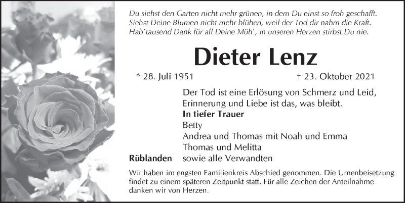  Traueranzeige für Dieter Lenz vom 30.10.2021 aus Pegnitz-Zeitung