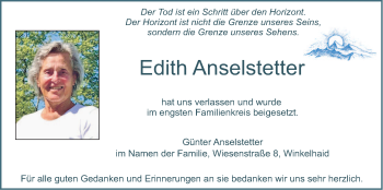 Traueranzeige von Edith Anselstetter von Der Bote