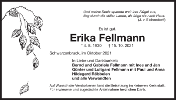 Traueranzeige von Erika Fellmann von Der Bote