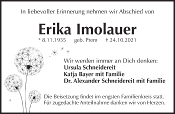 Traueranzeige von Erika Imolauer von Pegnitz-Zeitung