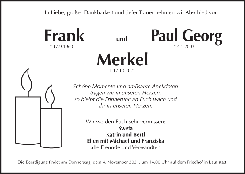  Traueranzeige für Frank und Paul Georg Merkel vom 30.10.2021 aus Pegnitz-Zeitung