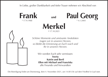Traueranzeige von Frank und Paul Georg Merkel von Pegnitz-Zeitung