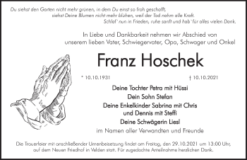 Traueranzeige von Franz Hoschek von Hersbrucker Zeitung