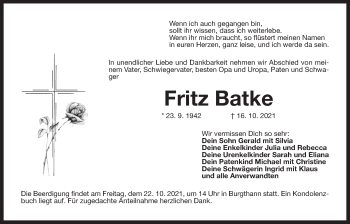 Traueranzeige von Fritz Batke von Der Bote