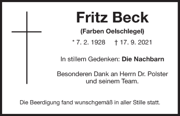Traueranzeige von Fritz Beck von Der Bote