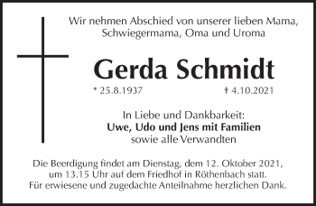Traueranzeige von Gerda Schmidt von Pegnitz-Zeitung