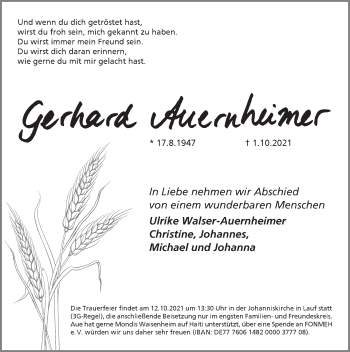Traueranzeige von Gerhard Auerheimer von Pegnitz-Zeitung