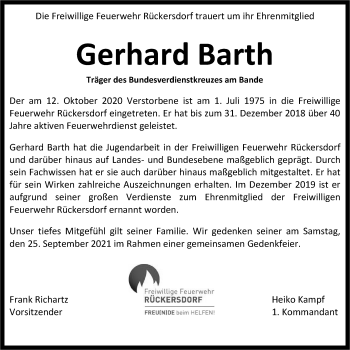 Traueranzeige von Gerhard Barth von Pegnitz-Zeitung