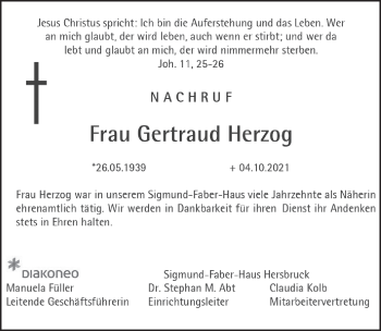 Traueranzeige von Gertraud Herzog von Hersbrucker Zeitung