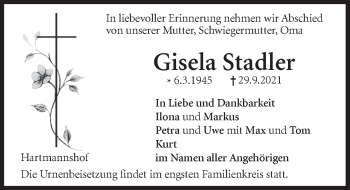 Traueranzeige von Gisela Stadler von Hersbrucker Zeitung