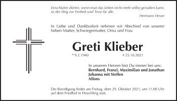 Traueranzeige von Greti Klieber von Pegnitz-Zeitung