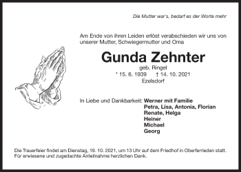 Traueranzeige von Gunda Zehnter von Der Bote