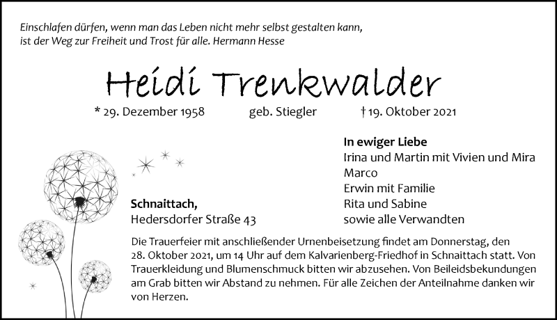  Traueranzeige für Heidi Trenkwalder vom 23.10.2021 aus Pegnitz-Zeitung