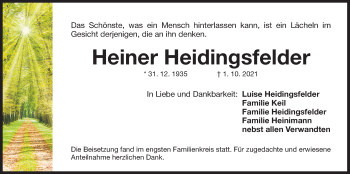 Traueranzeige von Heiner Heidingsfelder von Der Bote