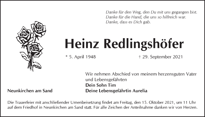  Traueranzeige für Heinz Redlingshöfer vom 09.10.2021 aus Pegnitz-Zeitung