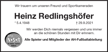 Traueranzeige von Heinz Redlingshöfer von Pegnitz-Zeitung