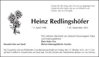 Traueranzeige von Heinz Redlingshöfer von Pegnitz-Zeitung