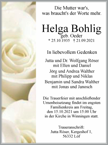 Traueranzeige von Helga Bohlig von Der Bote