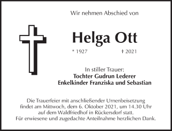 Traueranzeige von Helga Ott von Pegnitz-Zeitung