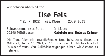 Traueranzeige von Ilse Fels von Der Bote