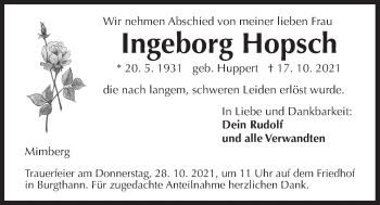 Traueranzeige von Ingeborg Hopsch von Der Bote