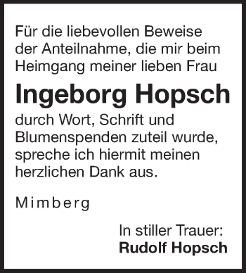Traueranzeige von Ingeborg Hopsch von Der Bote