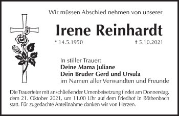 Traueranzeige von Irene Reinhardt von Pegnitz-Zeitung