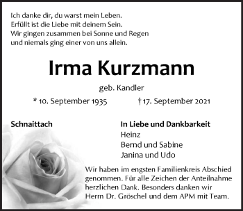 Traueranzeige von Irma Kurzmann von Pegnitz-Zeitung