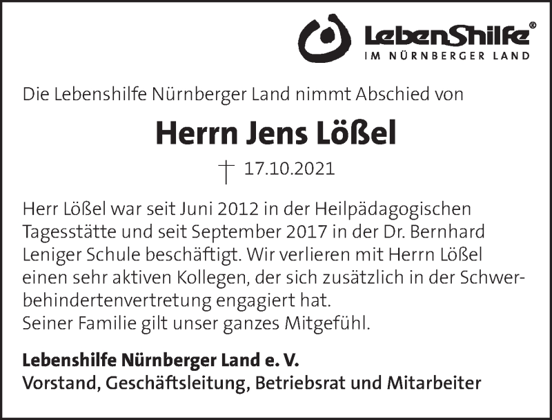  Traueranzeige für Jens Lößel vom 23.10.2021 aus Pegnitz-Zeitung