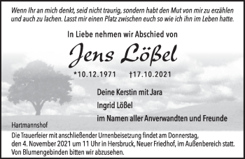 Traueranzeige von Jens Lößel von Hersbrucker Zeitung