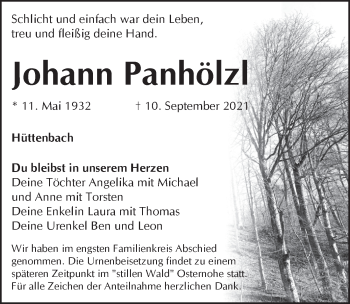 Traueranzeige von Johann Panhölzl von Pegnitz-Zeitung
