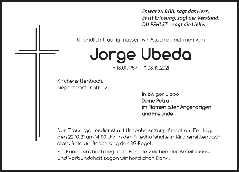  Traueranzeige für Jorge Ubeda vom 20.10.2021 aus Hersbrucker Zeitung