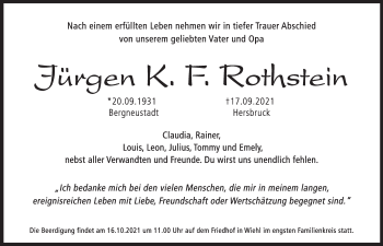 Traueranzeige von Jürgen K. F. Rothstein von Hersbrucker Zeitung