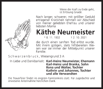 Traueranzeige von Käthe Neumeister von Der Bote