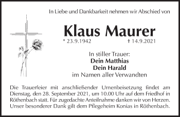 Traueranzeige von Klaus Maurer von Pegnitz-Zeitung