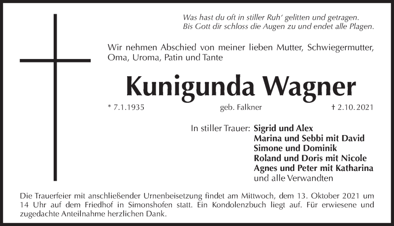  Traueranzeige für Kunigunda Wagner vom 09.10.2021 aus Pegnitz-Zeitung