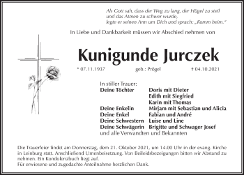 Traueranzeige von Kunigunde Jurczek von Pegnitz-Zeitung