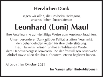 Traueranzeige von Leonhard Maul von Der Bote