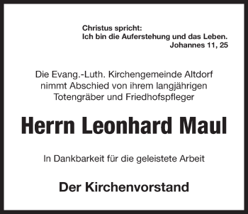 Traueranzeige von Leonhard Maul von Der Bote