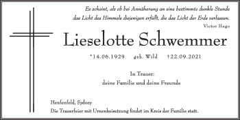 Traueranzeige von Lieselotte Schwemmer von Pegnitz-Zeitung