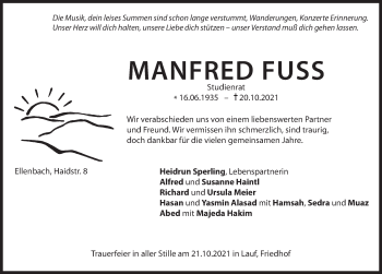 Traueranzeige von Manfred Fuss von Hersbrucker Zeitung