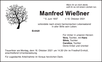 Traueranzeige von Manfred Wießner von Pegnitz-Zeitung