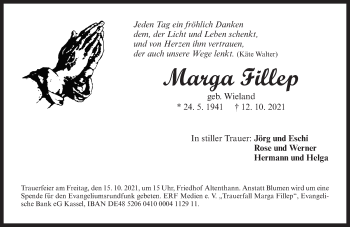 Traueranzeige von Marga Fillep von Der Bote