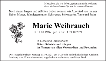 Traueranzeige von Marie Weihrauch von Pegnitz-Zeitung