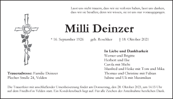 Traueranzeige von Milli Deinzer von Hersbrucker Zeitung