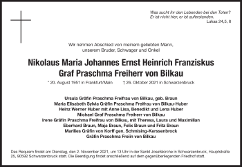 Traueranzeige von Nikolaus Maria Johannes Ernst Heinrich Franziskus Graf Praschma Freiherr von Bilkau von Der Bote