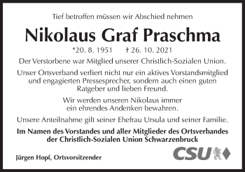 Traueranzeige von Nikolaus Maria Johannes Ernst Heinrich Franziskus Graf Praschma Freiherr von Bilkau von Der Bote