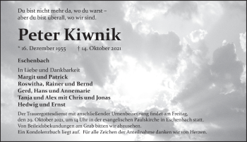 Traueranzeige von Peter Kiwnik von Hersbrucker Zeitung