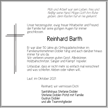 Traueranzeige von Reinhard Barth von Pegnitz-Zeitung