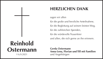 Traueranzeige von Reinhold Ostermann von Pegnitz-Zeitung